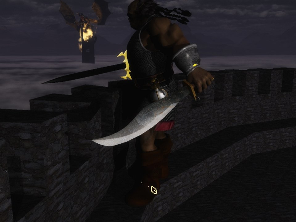Tower Top.jpg - "Tower Top"Gorfang the orc stands on top of the citadel tower of ruined Amberlan and watches the fury of Setram the dragon as he devastates another tower across the city. A scene from Alair Returns.